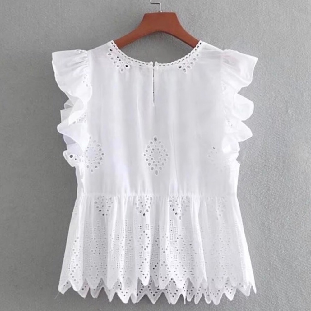 Boho Embroidered Ruffle White Blouse/Top - Picture 2 of 8